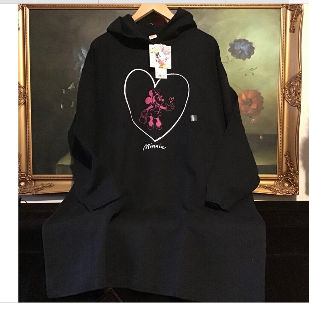NWT Uniqlo WOMEN MICKEY ART KATE GIBB HOODED SWEAT LONG-SLEEVE DRESS Black XL QQ